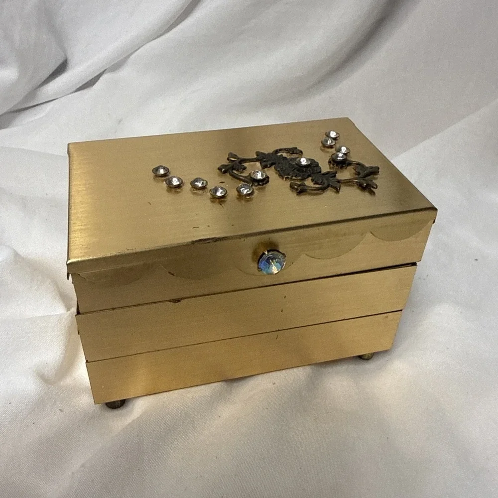 Vintage Brass Travel Rhinestone Jewelry Box Gold Tone New York Regency Fold